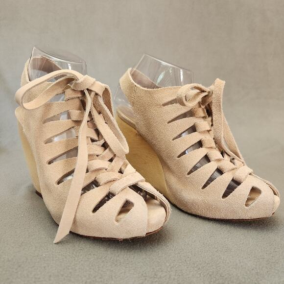 LOEFFLER RANDALL Vivian‎ Lace Up Wedge Sandal  Size 7.5B Natural Tan Slingback - Picture 1 of 15
